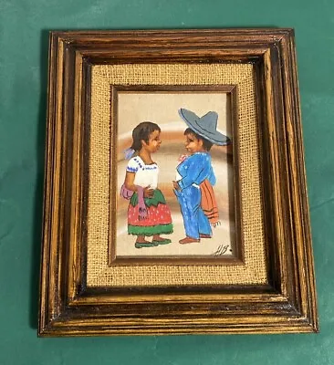 VTG Mexican Burlap Folk Art Painting Colorful Children Framed & Signed 12x10.25” • $39.99
