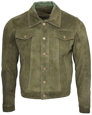 Men's Trucker Casual Khaki Goat Suede Leather Shirt Jeans Jacket • £107.99