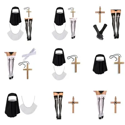 2/3/4Pcs Halloween Nun Costume Accessories Set Nun Hat Pendant Necklace • £7.07