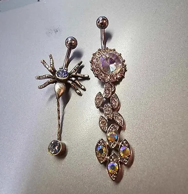 2 VTg Silvertone Belly Nipple Rings Spider Dangling Irridescent Stones- S18 • $10