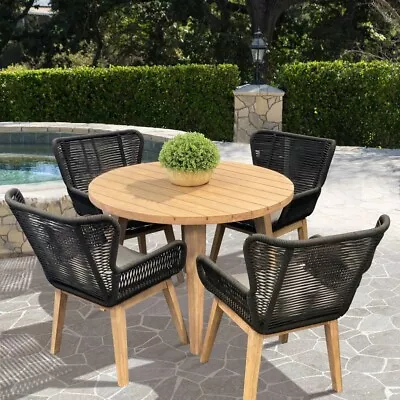 Alanya 5 Piece Round Outdoor Dining Setting Eucalyptus Timber Black/grey/natural • $1999