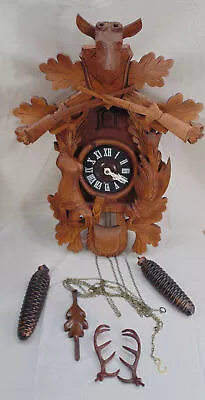 Vintage Regula Cuckoo 8-Day Clock Germany Black Forest Elk Deer Hunter Rifles • $215