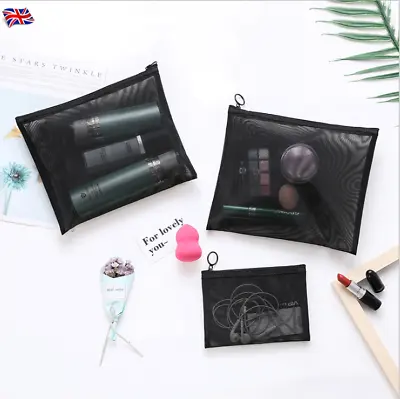 3PCS Set Zipper Black Mesh Makeup Bag Cosmetic Travel Cosmetic Accessories UK • £5.49