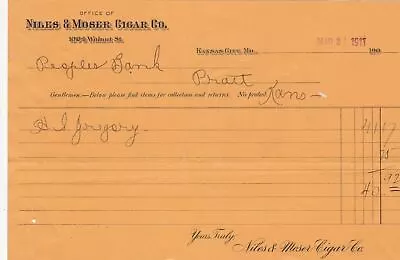 U.S. NILES & MOSER CIGAR CO. Walnut St. Kansas City 1911 Headed Invoice Rf 43691 • $9.01