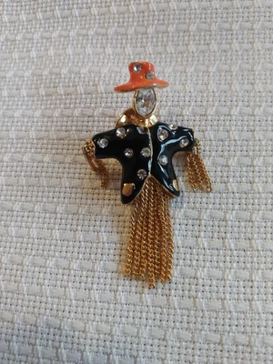 $16.99 • Buy Vintage Scarecrow Enamel Brooch Pin Orange Black Chain Tassel Limbs Fall Autumn