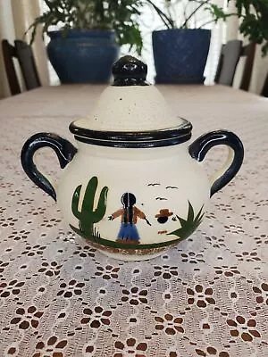 Mexico Clay Pottery Folk Art Sugar Bowl With Lid Dish Double Handle  • $18