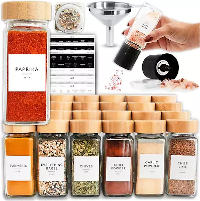 24 Glass Spice Jars With Label Bamboo Spice Jar Set 4Oz Seasoning Containers Wi • $56.93