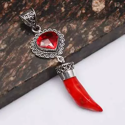 Italian Coral Garnet Gemstone Ethnic Pendant Jewelry Gift For Her 3  AP-29705 • $3.99