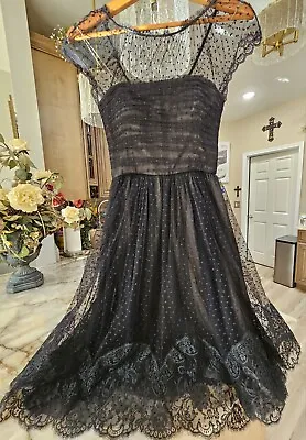 Melinda ENG - Black Silk  Lace Pin Dot  Dress - Size 4 STUNNING • $149