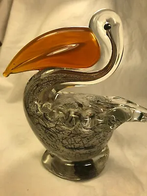 Art Glass Pelican Murano Style Silver Swirl Body And Amber Beak • $29.99