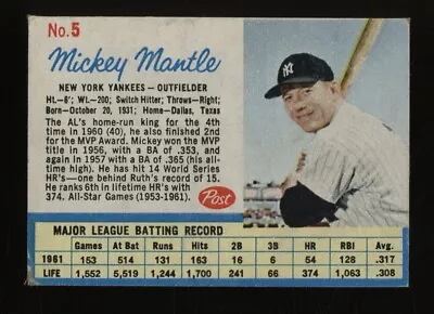 1962 Post Cereal #5 Mickey Mantle New York Yankees HOF • $38