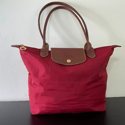 LONGCHAMP Le Pliage Nylon Tote Bag Burgundy Foldable Size 14x9x4 Distressed • $20