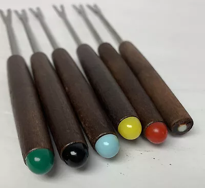 $7.50 • Buy Vintage Fondue Forks Stainless Steel And Colored Wood Set Of 6 MCM 7.5”