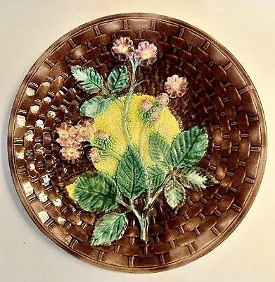 Antique Majolica Blackberries Basketweave Plate 10” Brown & Green • $42