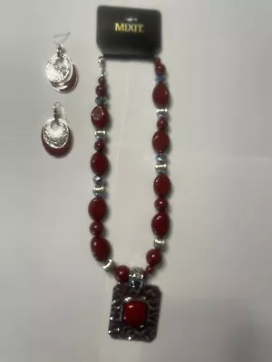 Mixit Jewelry Necklace & Earring Set Burgundy Color/ Silver Tone New In Box • $15.99