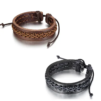 Men's Vintage Rocker Cross Braided Leather Bracelet Cuff Adjustable Wristband • $8.99