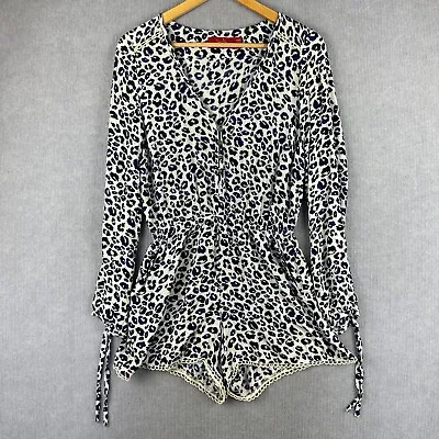 Tigerlily Long Sleeve Jumpsuit Women's Size 10 White / Blue Cheetah Print • $29.95