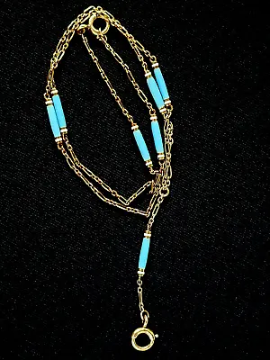 Antique 14k  Gold Blue Enamel Watch Chain Necklace Estate Jewelry 3.1g • $899.99