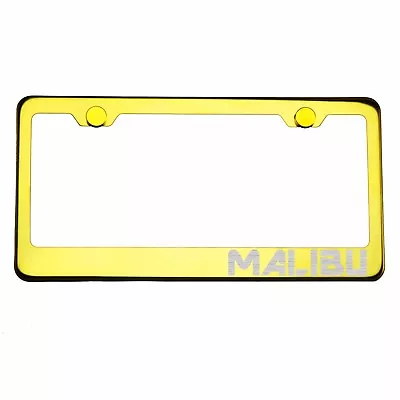 Gold Chrome License Plate Frame MALIBU Laser Etched Metal Screw Cap • $31.99