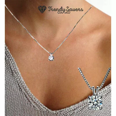 Round-Cut 925 Sterling Silver Zirconia Solitaire Pendant Necklace Wedding Gift • £3.99