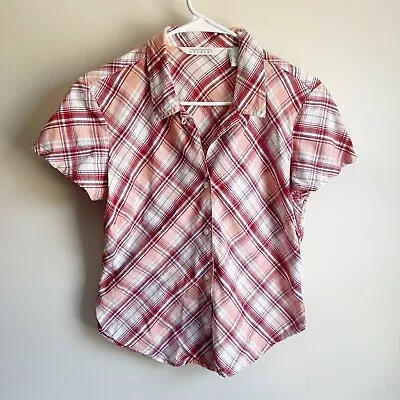 Express Vintage Pink Plaid Button Front Y2K 90s Cropped Short Sleeve Top Medium • £14.24