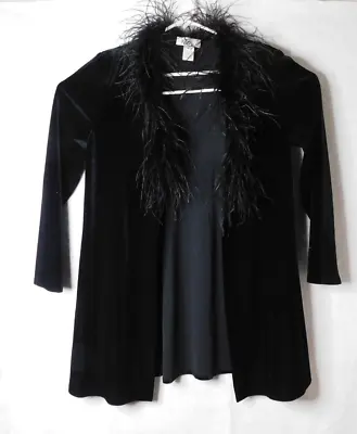 Vtg Patra Womens Velvet Ostrich Feather Collar Duster Jacket Black Size M • $54.99