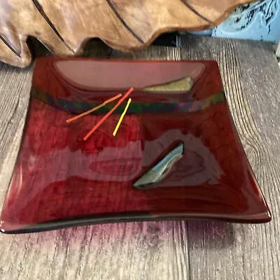 Modern Mid Century Gaya Studio Art Glass Square Plate Red/Yellow/Orange Signed • $42.28