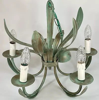 Vintage French Large 5 Arm Green Colour Metal Leaves Toleware Chandelier Light • £76