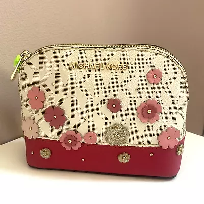 Michael Kors Monogram Cosmetic Bag Floral Appliqué Vanilla Pink Leather Zip M2 • $69.99