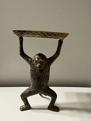 Vtg Brass Monkey Figurine W/ Tray Business Card Soap Trinket Holder ~ 7” Tall • $49