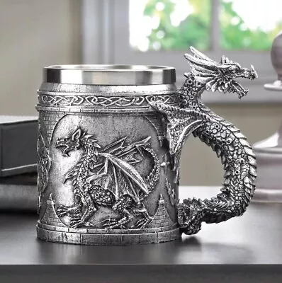 Pewter Look Medieval Dragon Mug Stainless Steel Resin Decorative Wine Beer Cup • $30.21