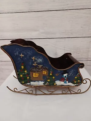 Metal Christmas Sleigh Centerpiece Painted Snowman Holiday 10x6x4 Inches 3D • $15.99