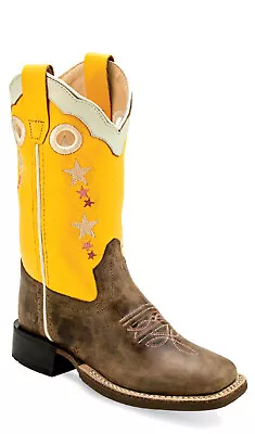 Old West Children Unisex Square Toe Cactus Brown/Yellow Leather Cowboy Boots • $33.99