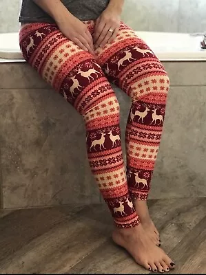 Buttery Soft Christmas Reindeer Snowflake Leggings One Size Red Holiday Leggings • $25.99