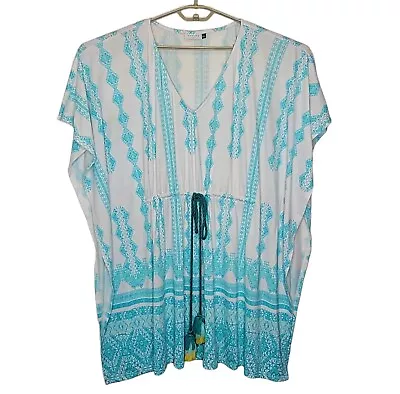 Cabana Life Caftan Swim Cover Up L White Turquoise Tassel Ties • $29.95