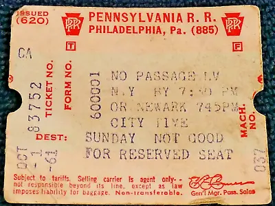 Rare Vintage Train Collectible Pennsylvania Railroad 1961 Ticket Stub Gift EUC • $9.50