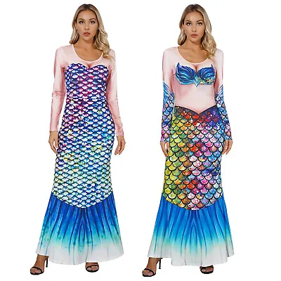 Womens Mermaid Cosplay Skirt Fish Scale Princess Dress Gown Halloween Tail Porm • $7.35