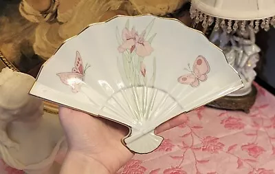 Vintage 1960's Porcelain Pink Butterfly Fan Wall Decor Gold Trim Made In Japan • $22