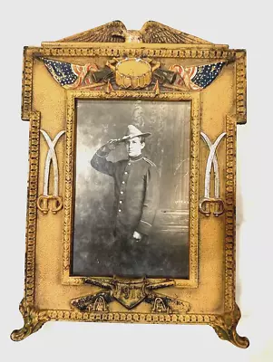 Vintage WW1 Era Cast Metal Painted Picture Frame With Soldier Photo • $120