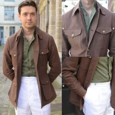 Vintage Brown Men's Safari Jackets 2 Pieces Causal Hunting Coats Four Pockets • $55.70