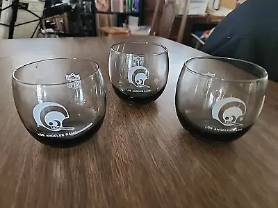 3 Vintage NFL Los Angeles Rams  Round Smokey Glass Lowball Cocktail Bar Glasses • $0.99