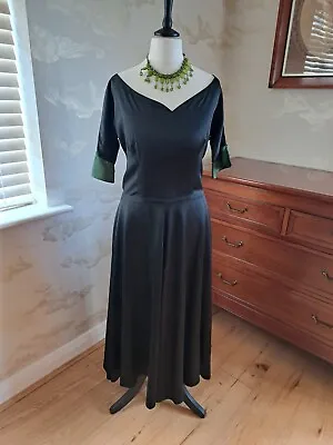 Vintage 50s Black Satin/ Green Spot Dress. Size 8 -10 • £49