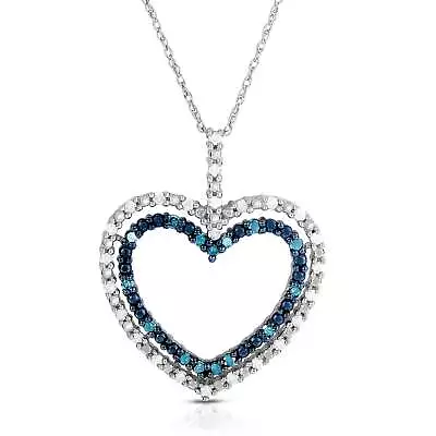 1/2 Cttw Diamond Blue And White Heart Necklace In Rhodium Plated Sterling Silver • $359.99