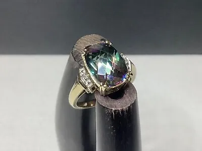 10k Gold Cushion Cut Mystic Topaz Melee Diamond Accent Sz 7 Ring Jewelry • $194.99