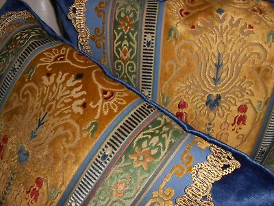 Cut Velvet Fabric Throw Pillows Arabesque Scrolls Blue Yellow Antique Fabri PAIR • $329