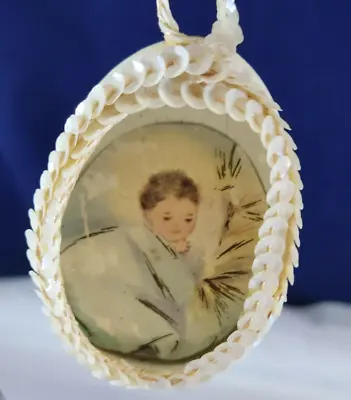 Vintage Christmas Ornament Han Made REAL Egg Shell Sequins Baby Boy Pic • $14.99