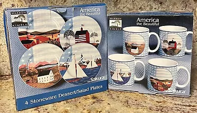 8pc 1999 Warren Kimble America The Beautiful 8  Plates & 12oz Mugs  New! Flags • $39.99