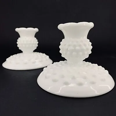 Two Milk Glass Candlestick Holders W/ Domed Base 3.25” Tall Hobnail By Fenton • $15