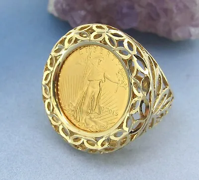 2015 1/10 Oz Liberty Gold Eagle Coin 14k Gold Setting Ring Size 6.25 • $1245.18