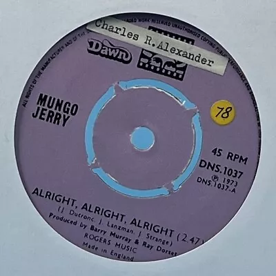 Mungo Jerry Alright Alright Alright 1973 7  Single Vinyl Record DNS 1037 • £1.99